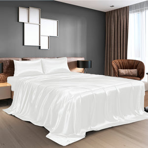 Satin Sheet Set | 4 Piece Fitted & Flat Sheets | Pillowcases | King | White