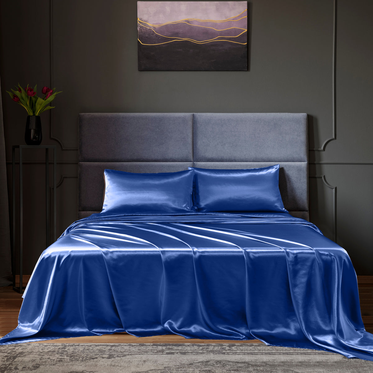 Satin Sheet Set | 4 Piece Fitted & Flat Sheets | Pillowcases | King | Navy Blue