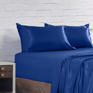Satin Sheet Set | 4 Piece Fitted & Flat Sheets | Pillowcases | King | Navy Blue