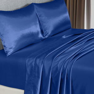 Satin Sheet Set | 4 Piece Fitted & Flat Sheets | Pillowcases | King | Navy Blue