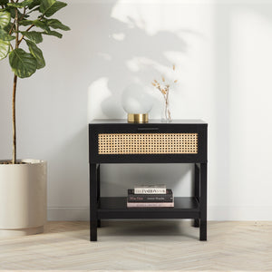 Casa Decor Tulum Rattan Bedside Table | Drawers Table | Nightstand Cabinet | Black