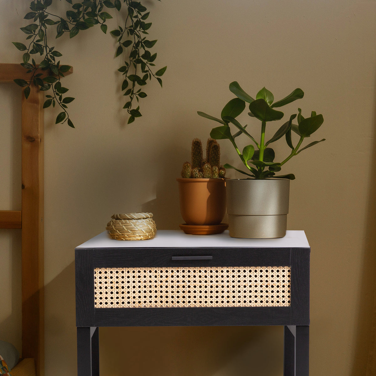 Casa Decor Tulum Rattan Bedside Table | Drawers Table | Nightstand Cabinet | Black