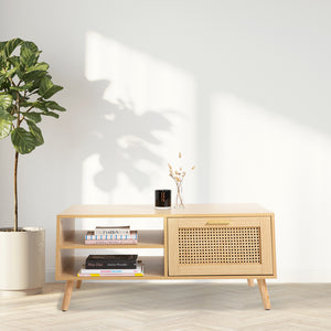 Casa Decor Santiago Rattan Coffee Table | Storage Drawer | Wooden Oak