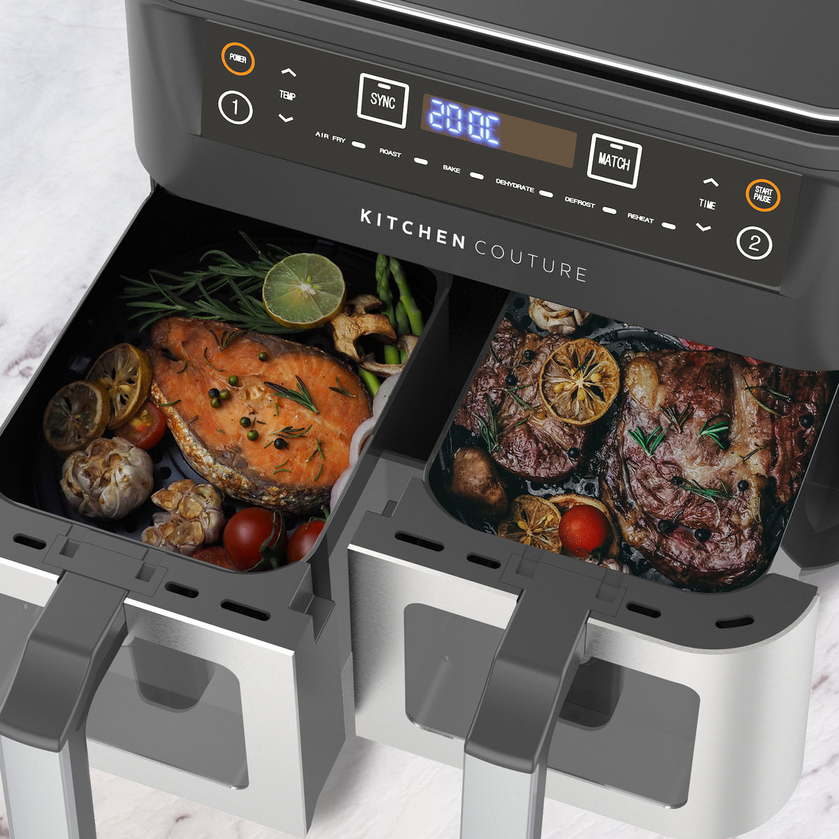 Kitchen Couture Dual View 2 x 5 Litre (10 Litre) Air Fryer | Stainless Steel | Dual Basket