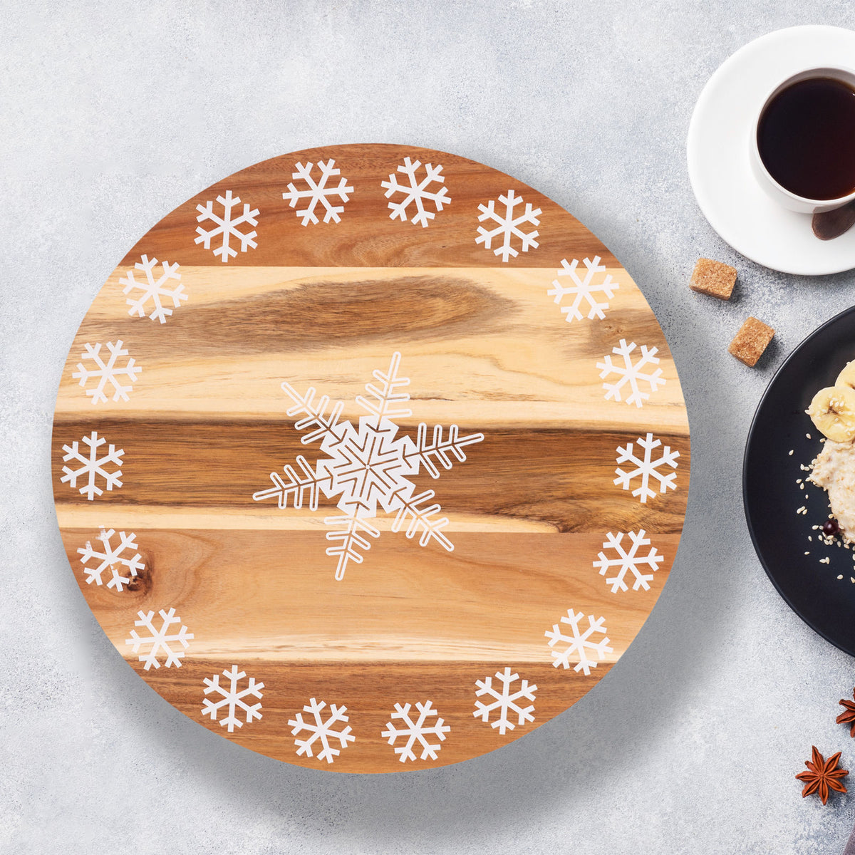 Bread and Butter 18 Inch Print Wooden Lazy Susan Tray | White Snowflake