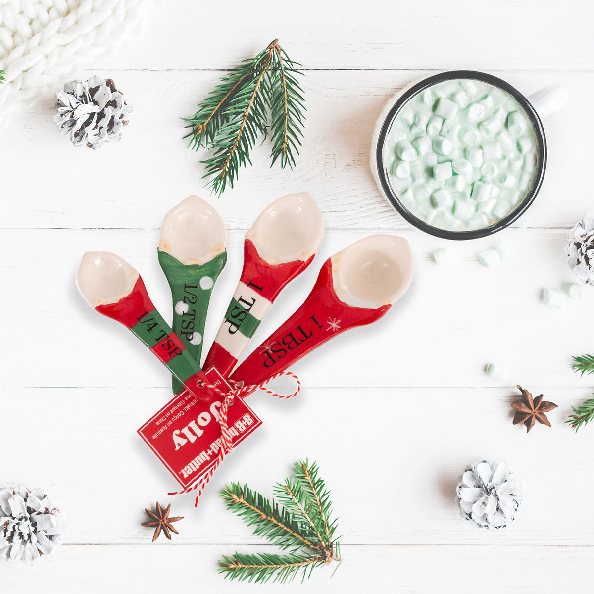 Bread and Butter Gnome Measuring Spoons | 4 Pack | Green/ Red/ White