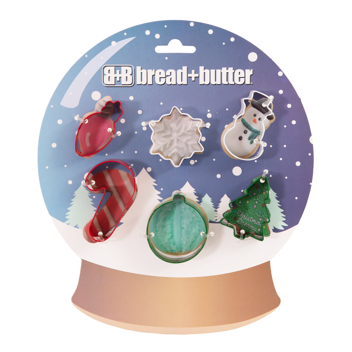 Bread and Butter Cookie Cutter | Globe, Flake, Snowman, Cane, Sock, Tree | 6 Pack