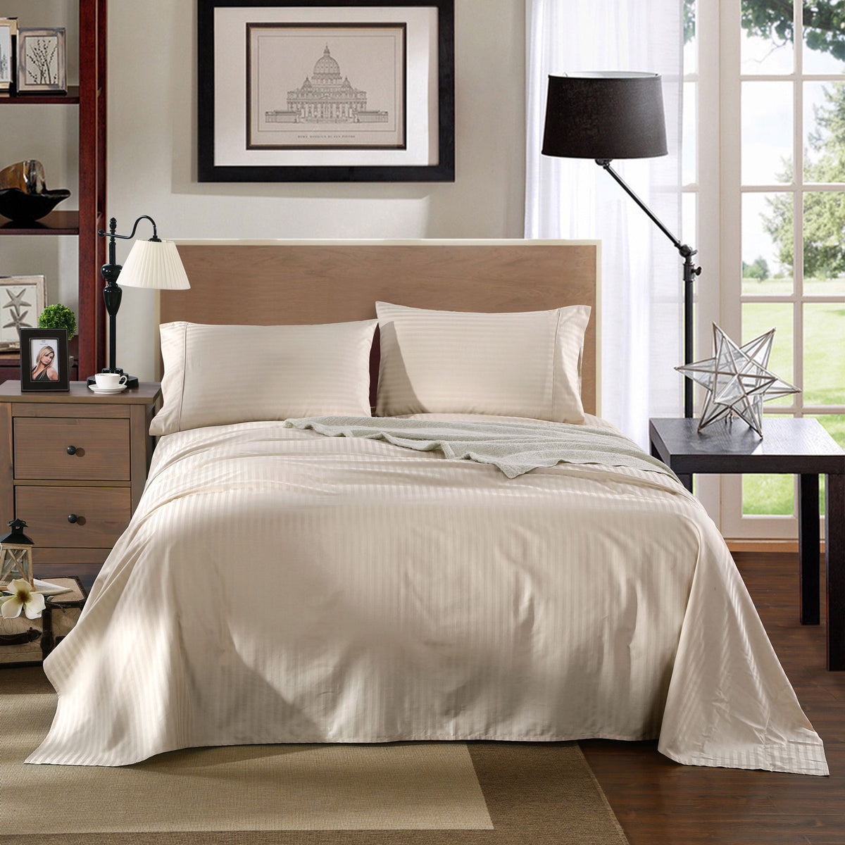 Kensington 1200 Thread Count 100% Egyptian Cotton Sheet Set | Stripe Hotel Grade | Double | Sand