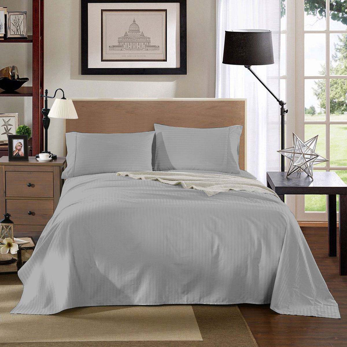 Kensington 1200 Thread Count 100% Egyptian Cotton Sheet Set | Stripe Hotel Grade | Queen | Silver
