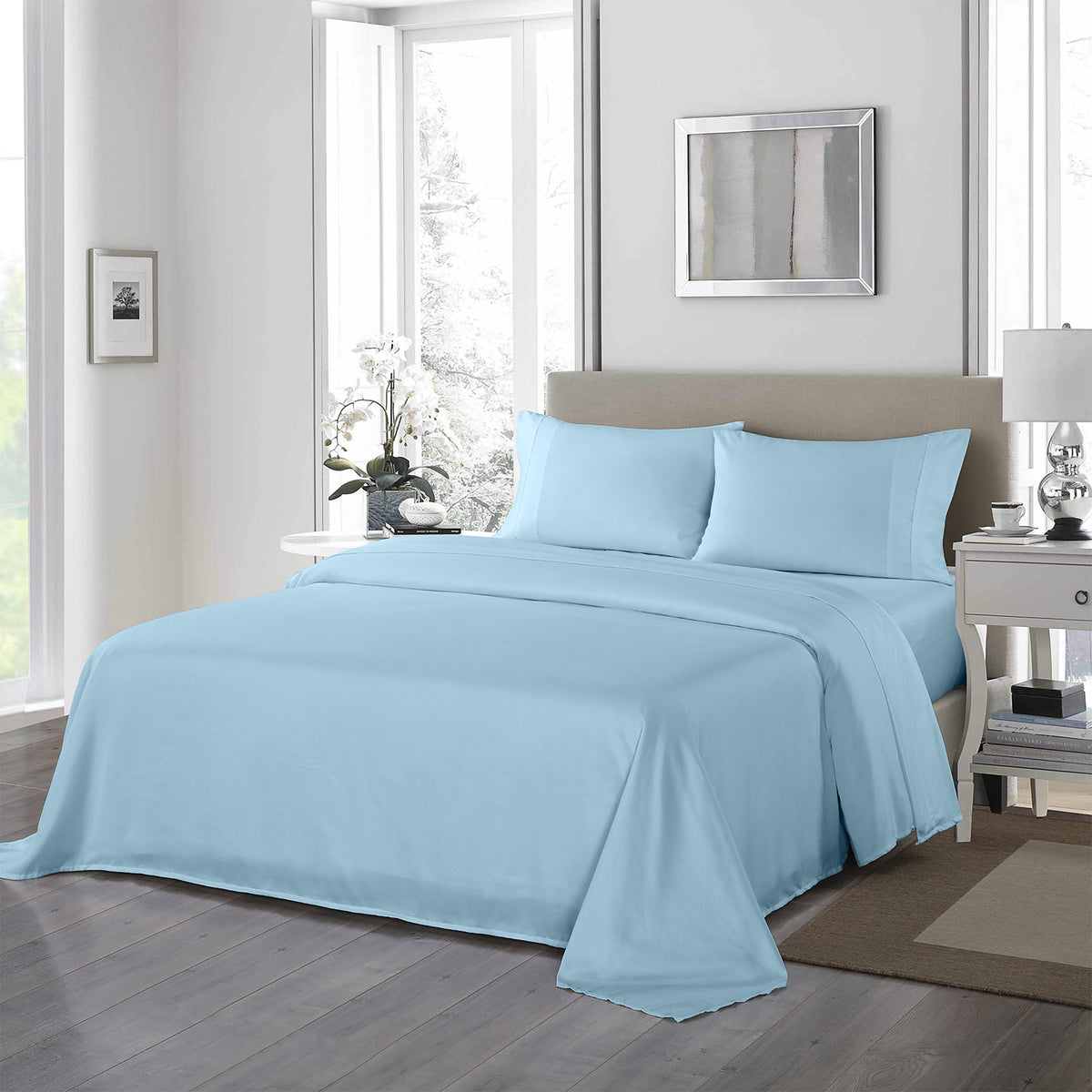 1200 Thread Count Sheet Set | 4 Piece Ultra Soft Satin Weave Finish | King | Sky Blue