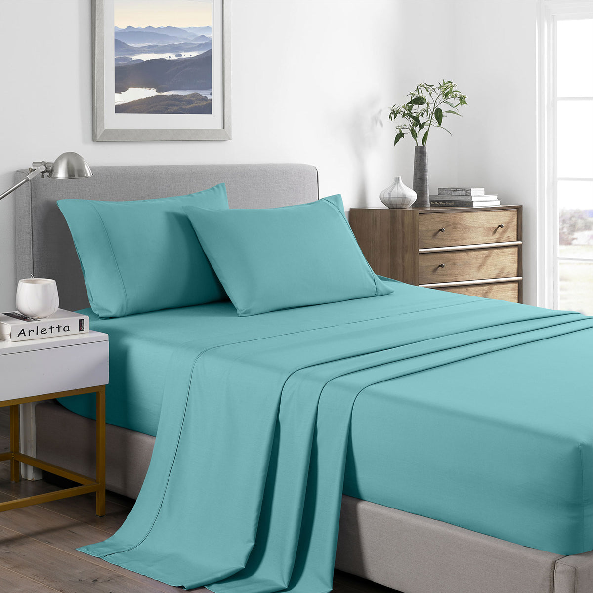 2000 Thread Count Bamboo Cooling Sheet Set | Ultra Soft Bedding | King | Aqua