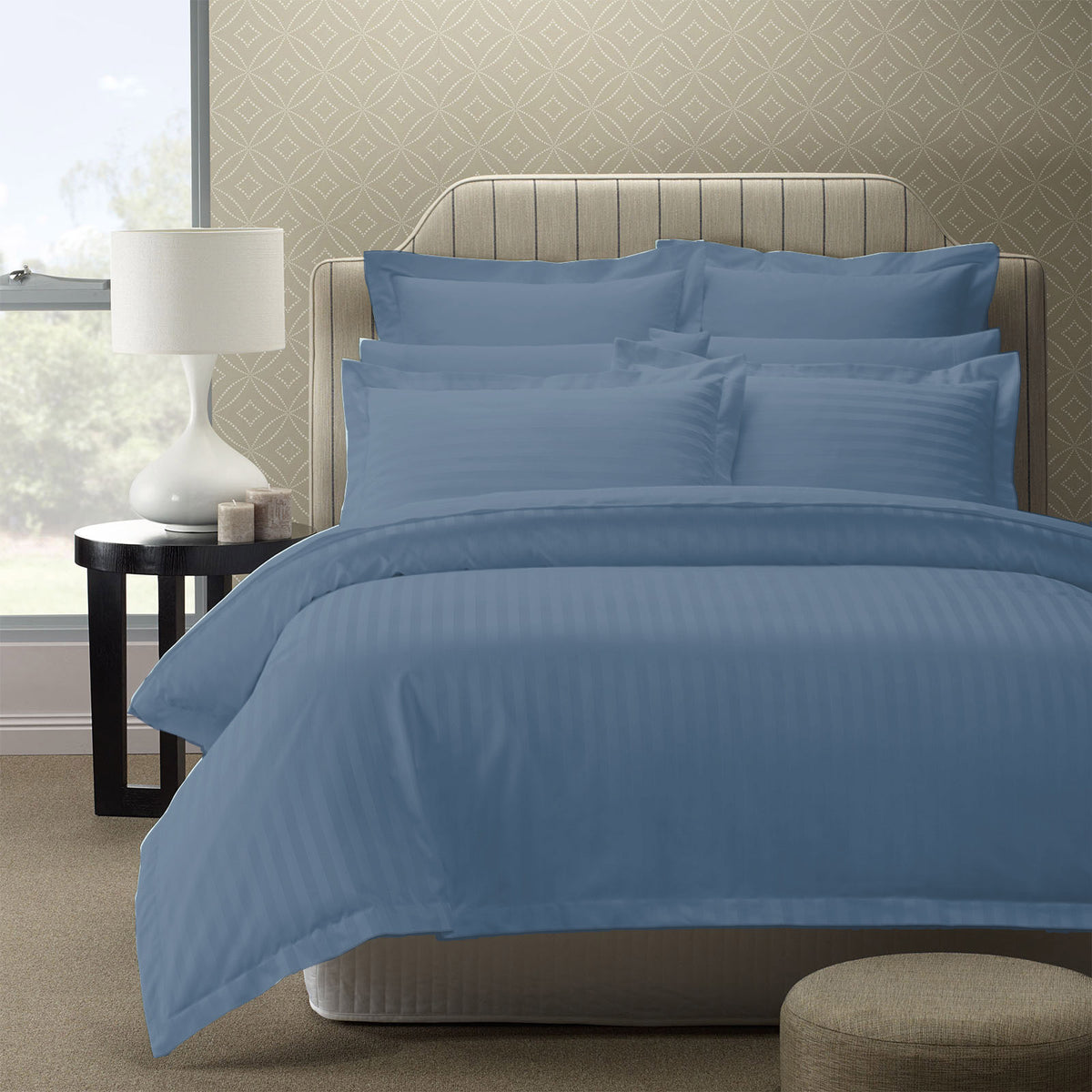 1200TC Quilt Cover Set | Damask Cotton Blend Luxury Sateen Bedding | King - Blue Fog