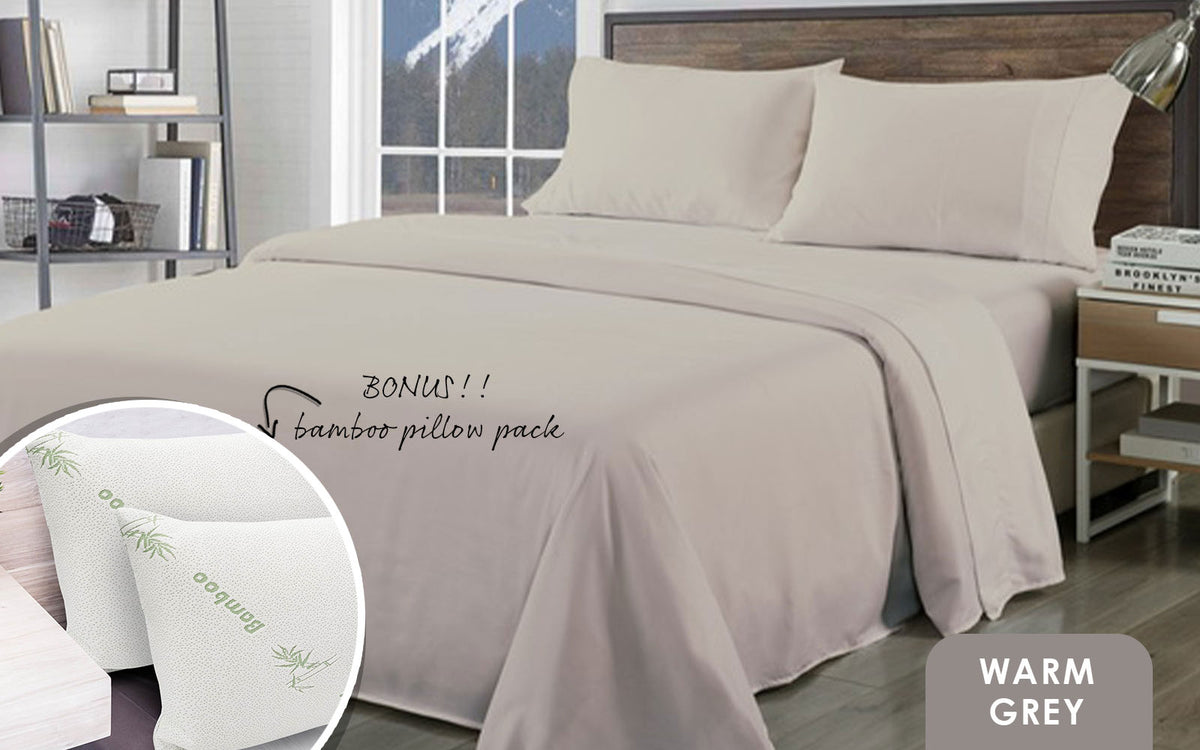 Bamboo Blend Sheet Set | 1000TC & Bamboo Pillows | 2 Pack | Ultra Soft | King | Warm Grey