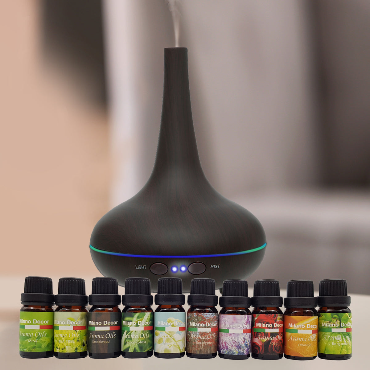 Aroma Diffuser Set | 13-Pack Diffuser Oils | Humidifier | Aromatherapy | Dark Wood