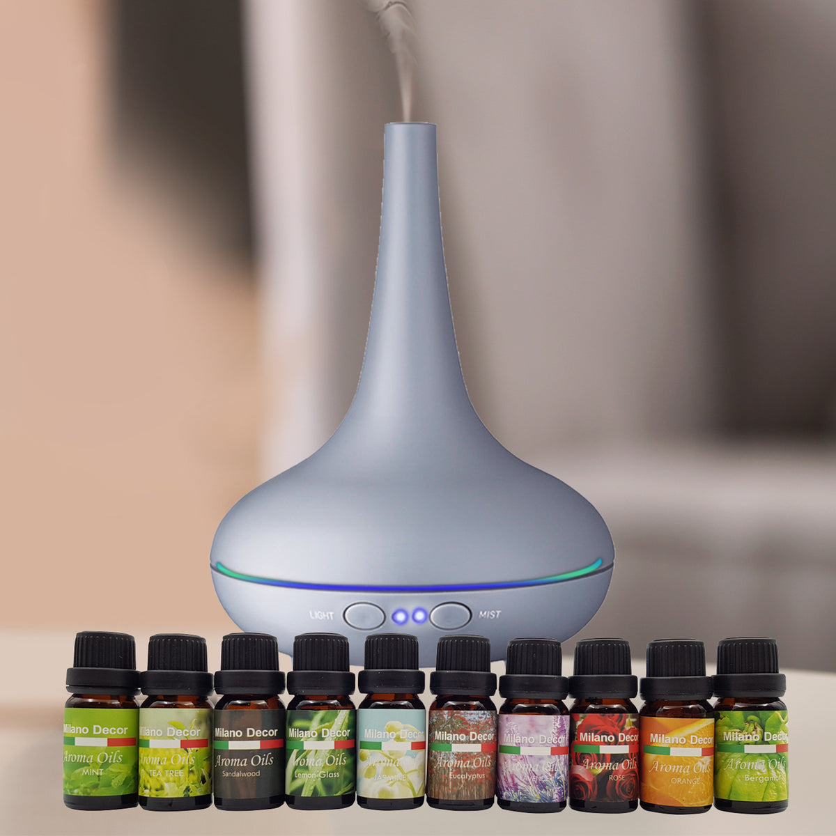 Aroma Diffuser Set | 13 Pack Diffuser Oils | Humidifier | Aromatherapy | Matt Grey
