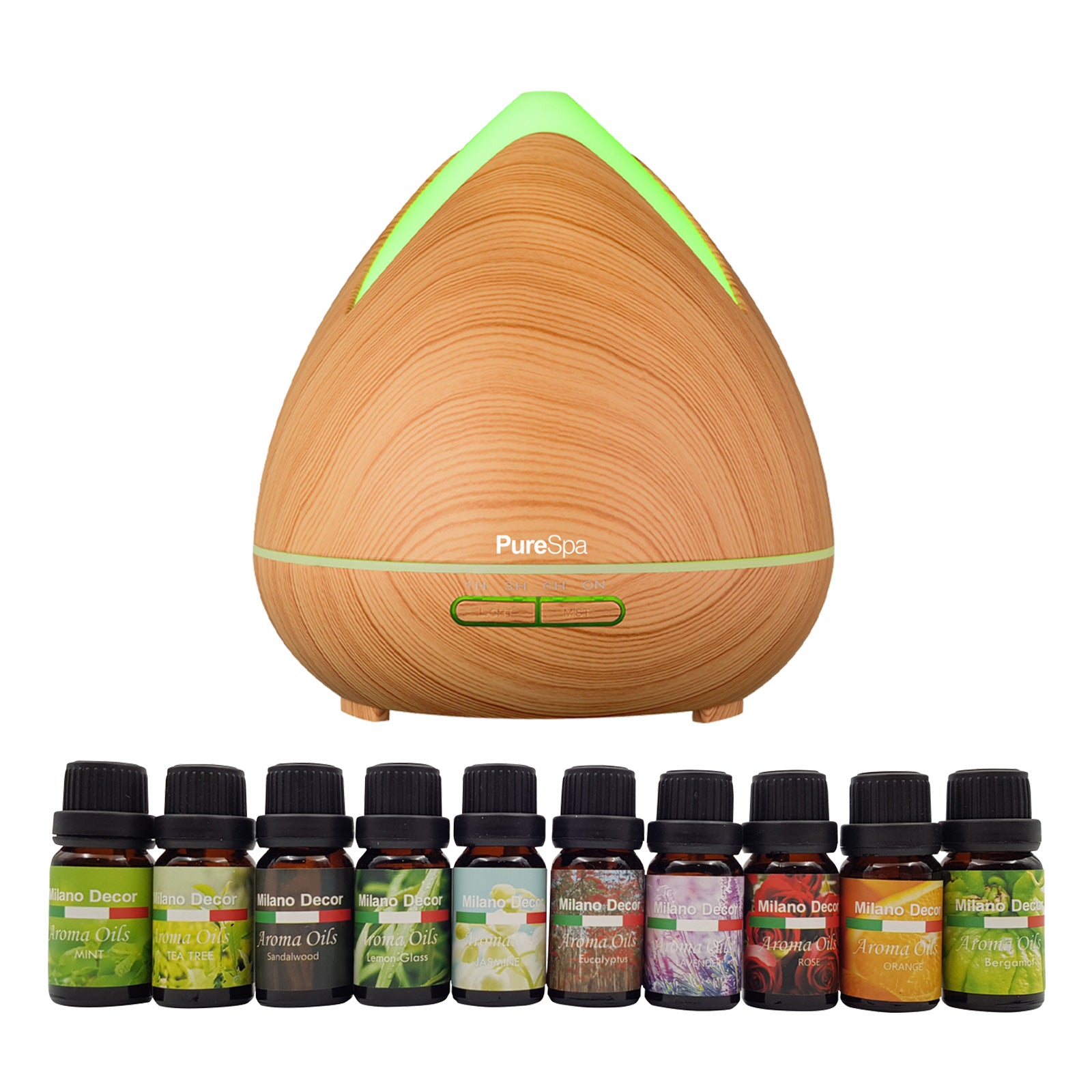 Purespa Diffuser Set | 10 Pack Diffuser Oils | Humidifier | Aromatherapy | Light Wood