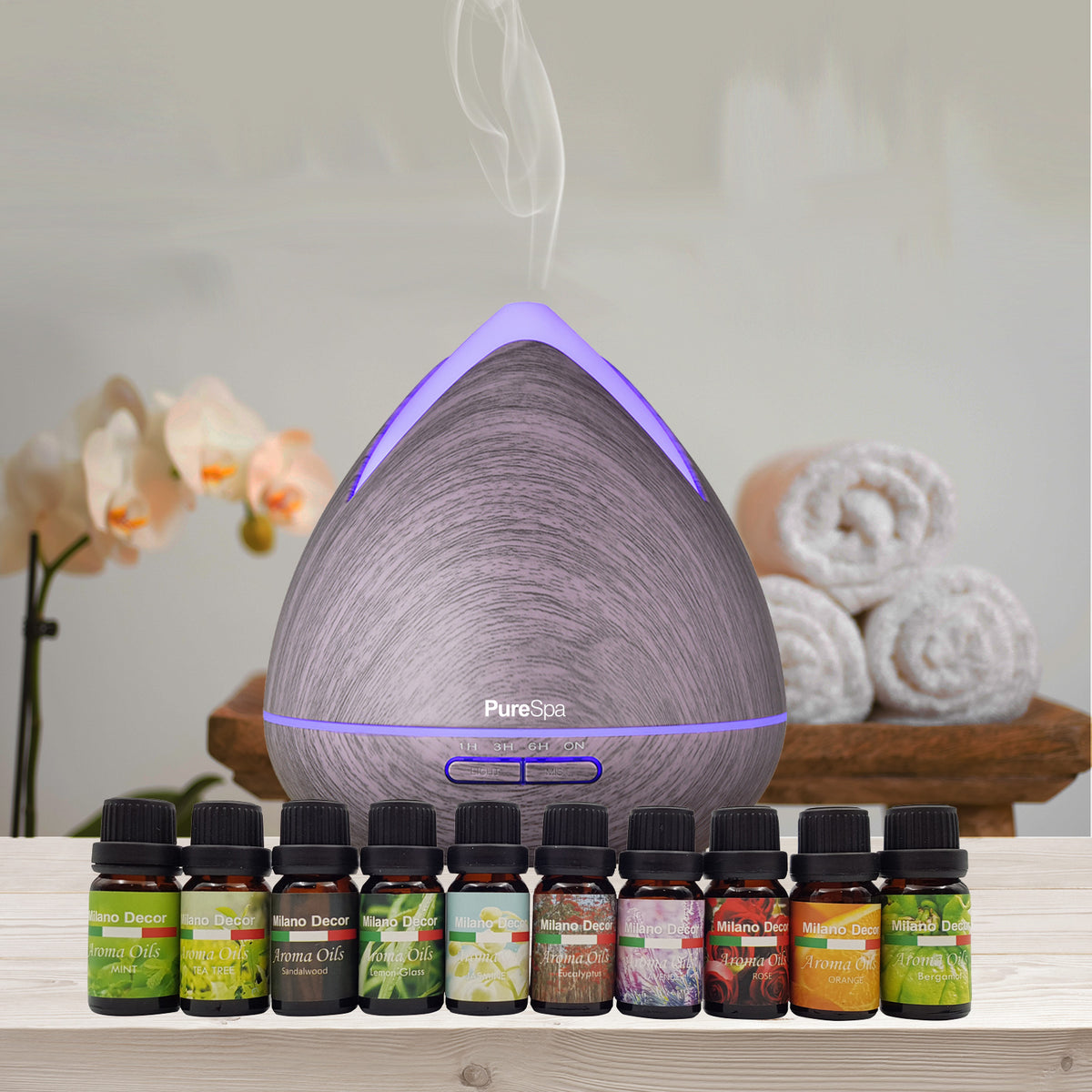 Purespa Diffuser Set | 10 Pack Diffuser Oils | Humidifier | Aromatherapy | Violet