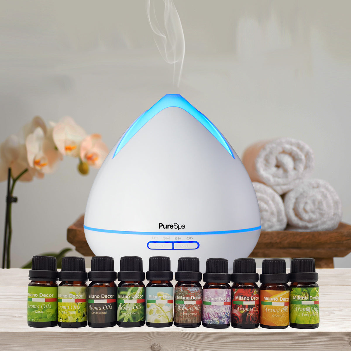 Purespa Diffuser Set | 10 Pack Diffuser Oils | Humidifier | Aromatherapy | White