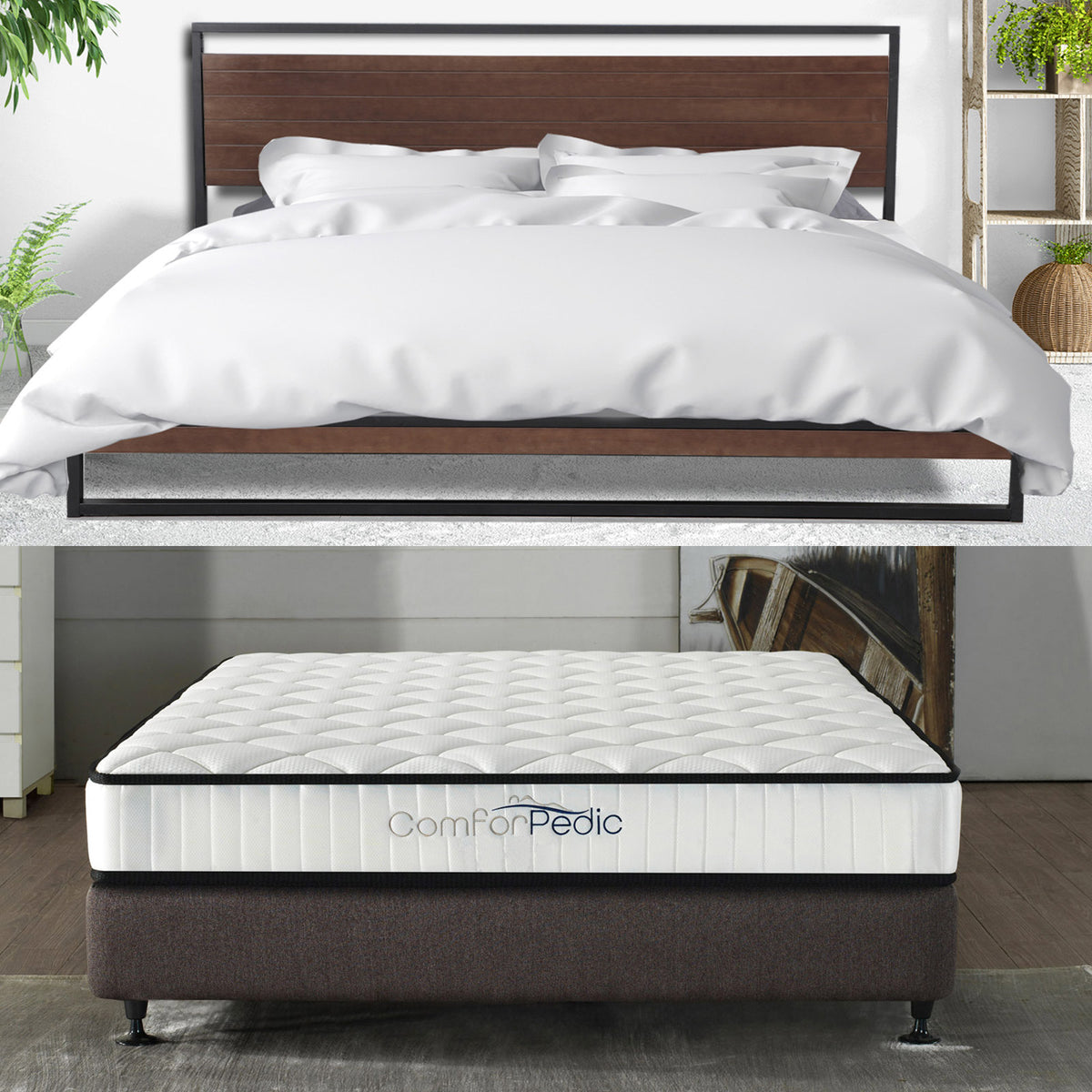 Azure Wood Bed Frame with Comforpedic Mattress Package Deal | Bedroom Set | Single Size | White & Brown