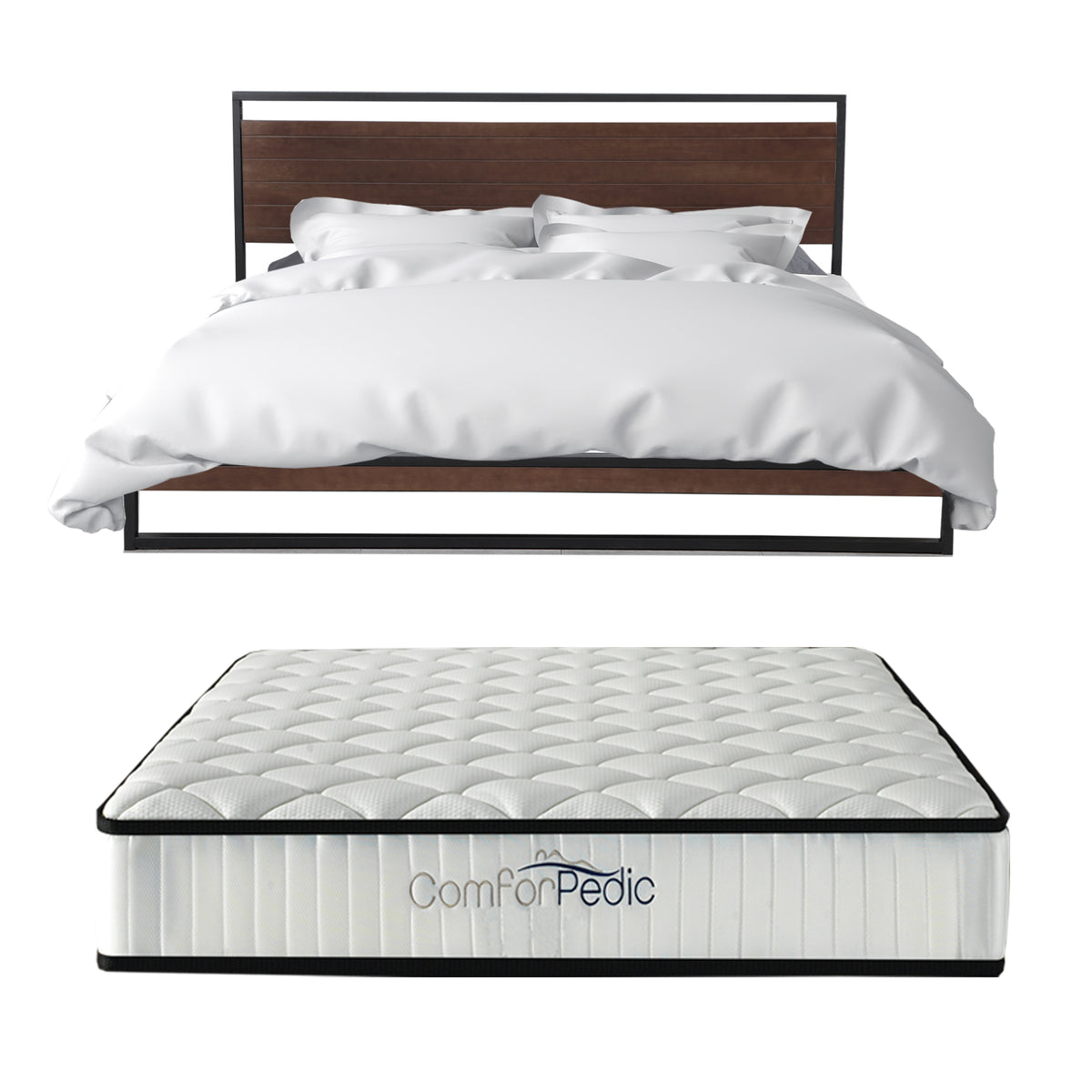 Azure Wood Bed Frame with Comforpedic Mattress Package Deal | Bedroom Set | Single Size | White & Brown