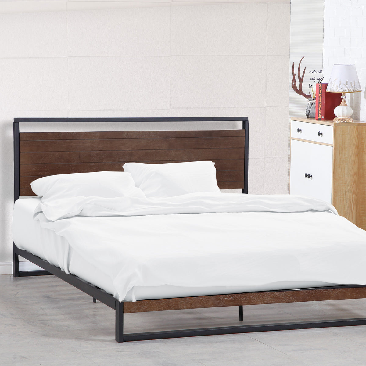 Azure Wood Bed Frame with Comforpedic Mattress Package Deal | Bedroom Set | Single Size | White & Brown