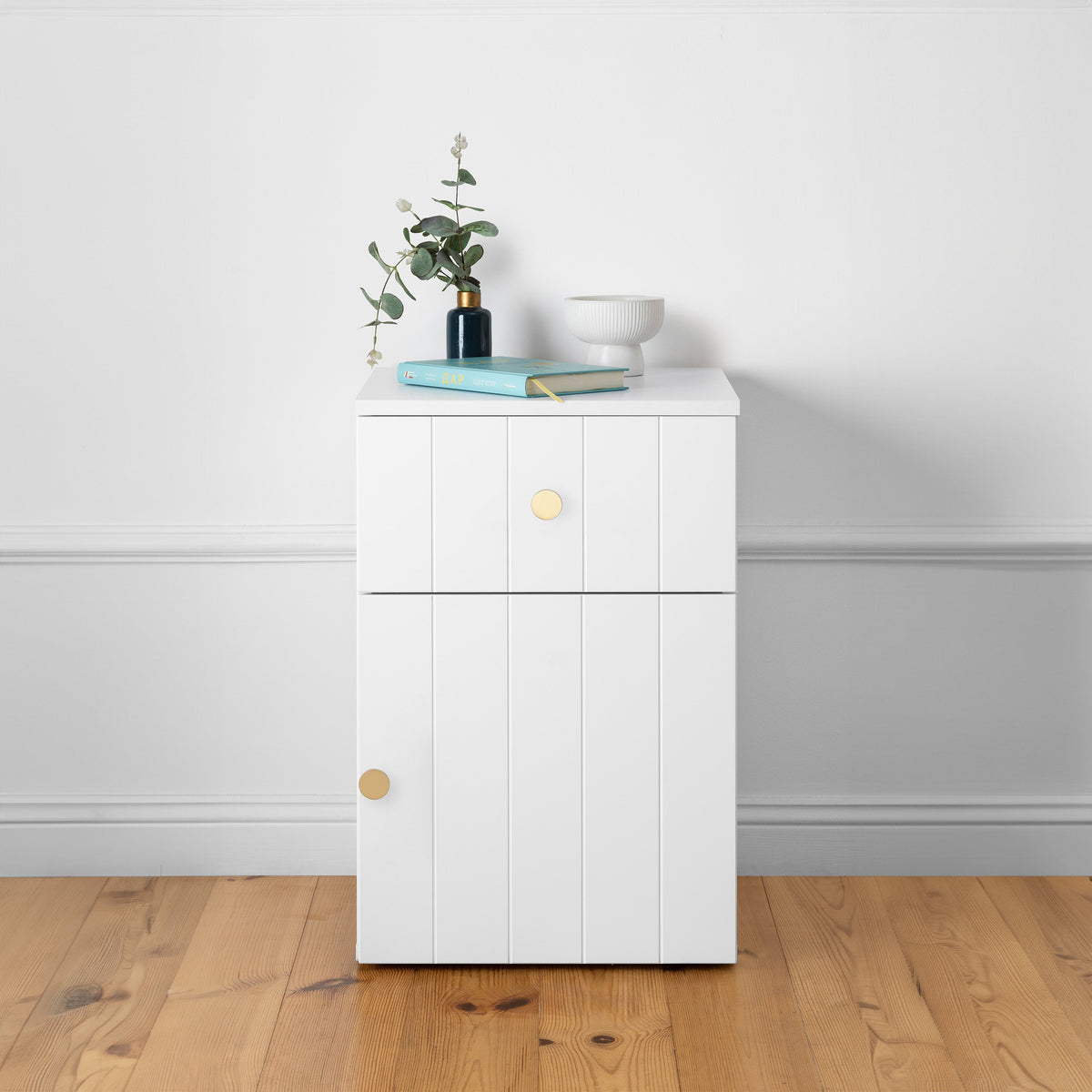 PORTO BEDSIDE TABLE | White | VJ Panel | Round Brass