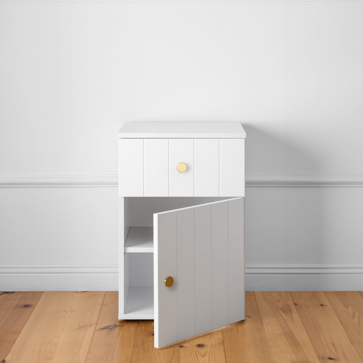 PORTO BEDSIDE TABLE | White | VJ Panel | Round Brass