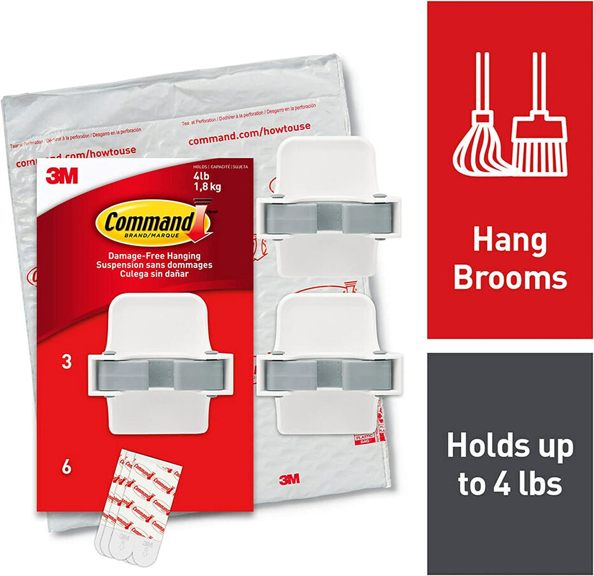 COMMAND Broom Gripper | 17007-3NA | 3 Grippers + 6 Large Strips | Wall Organizer