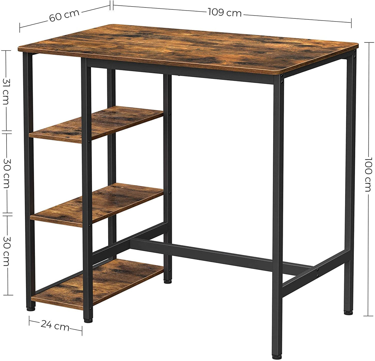 Dining Table with 3 Shelves | Industrial Style Stable Steel Structure | 109 x 60 x 100 cm | Rustic Brown