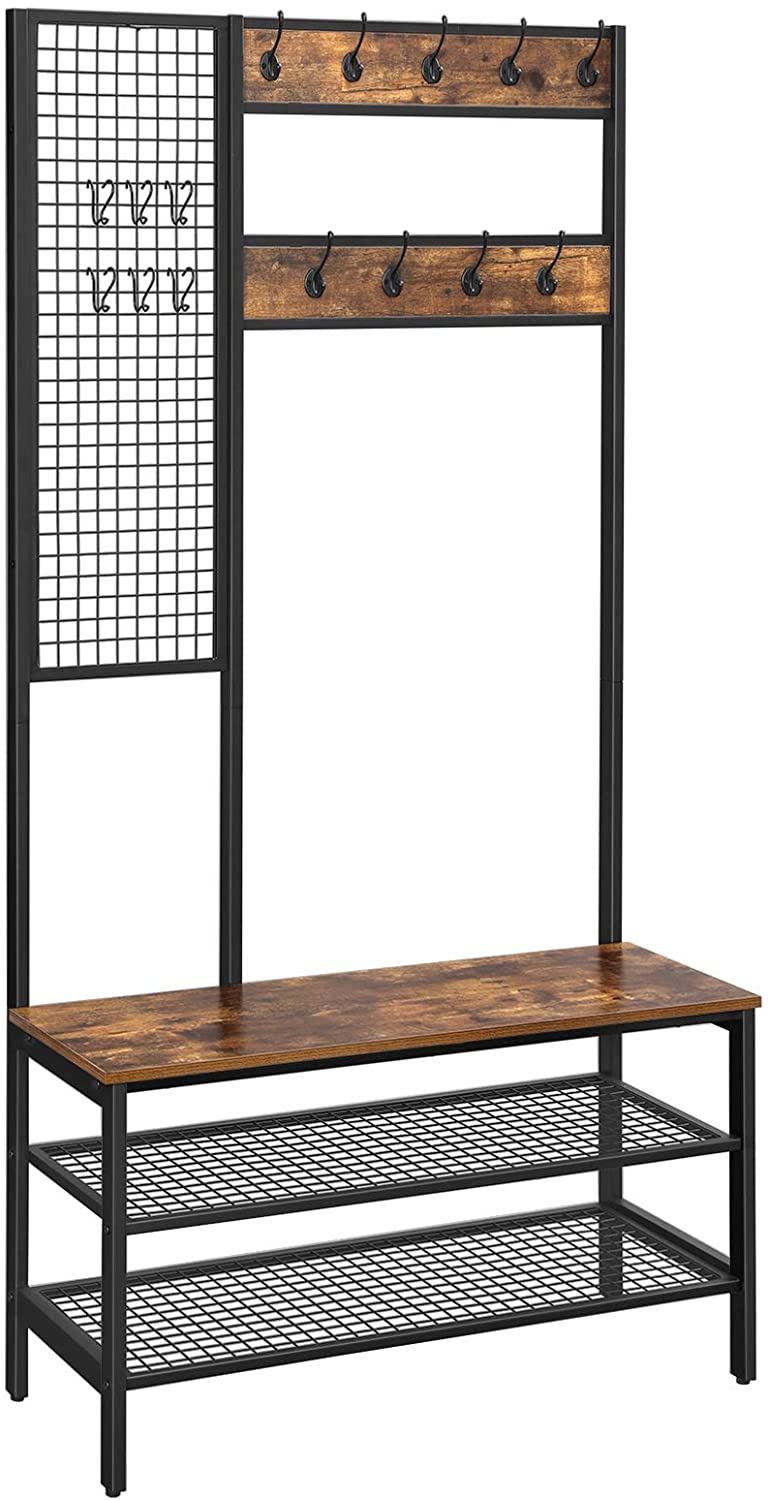 Coat Rack Stand | Industrial Style | Grid Wall & Shoe Storage | 185cm Tall | Rustic Brown