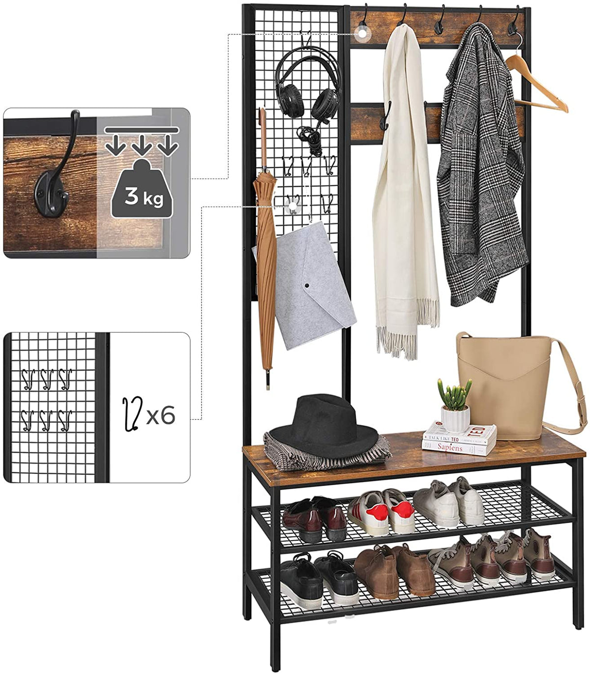 Coat Rack Stand | Industrial Style | Grid Wall & Shoe Storage | 185cm Tall | Rustic Brown