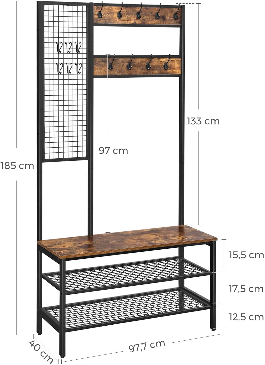 Coat Rack Stand | Industrial Style | Grid Wall & Shoe Storage | 185cm Tall | Rustic Brown