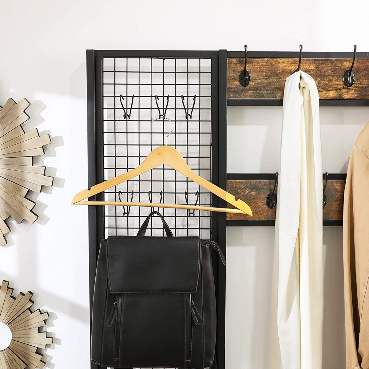 Coat Rack Stand | Industrial Style | Grid Wall & Shoe Storage | 185cm Tall | Rustic Brown