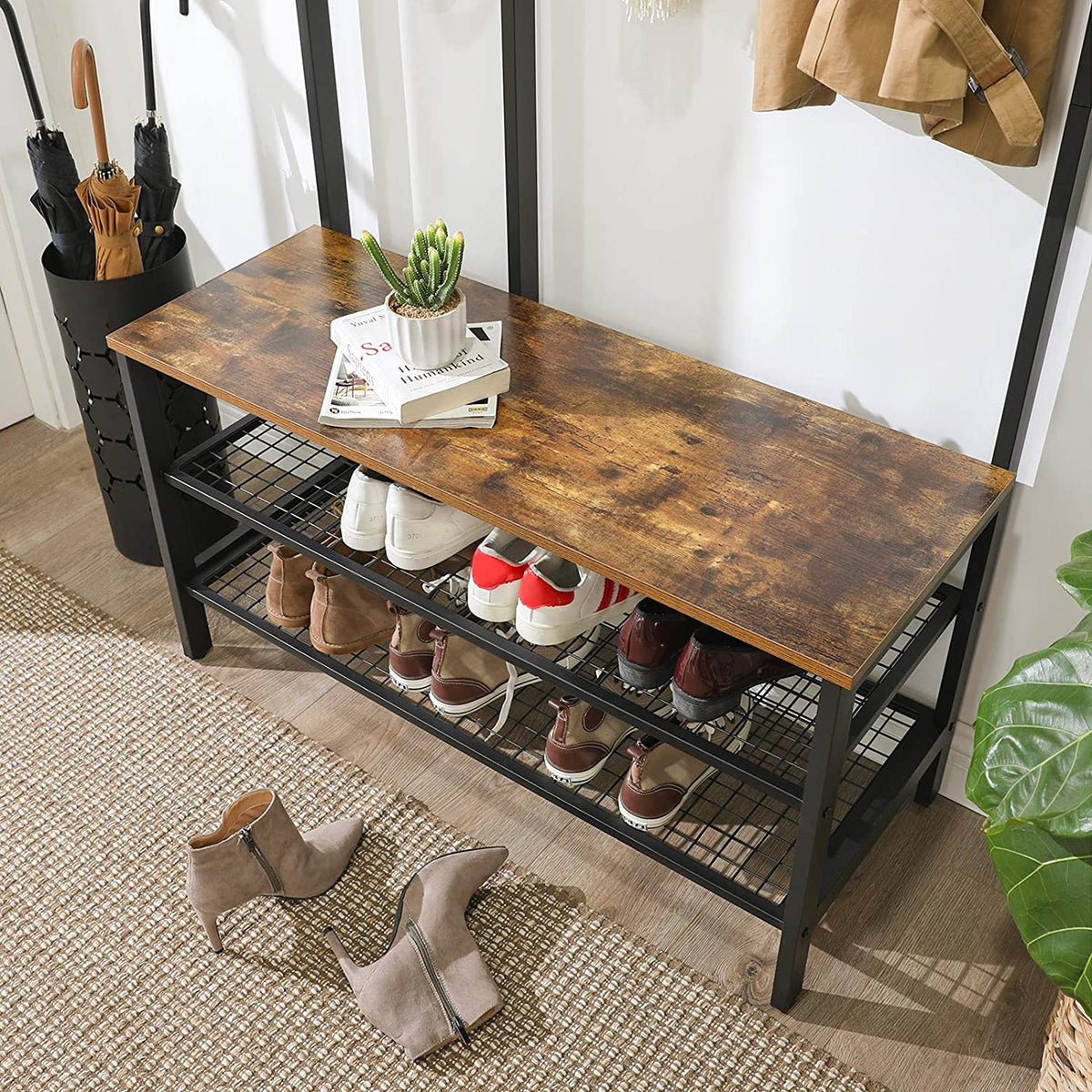 Coat Rack Stand | Industrial Style | Grid Wall & Shoe Storage | 185cm Tall | Rustic Brown