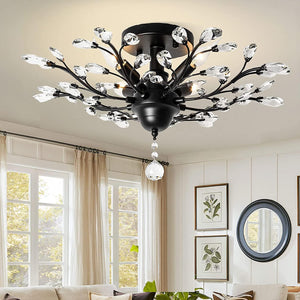 Crystal Chandelier LED Ceiling Light | 4 Lights, Black, Modern Design