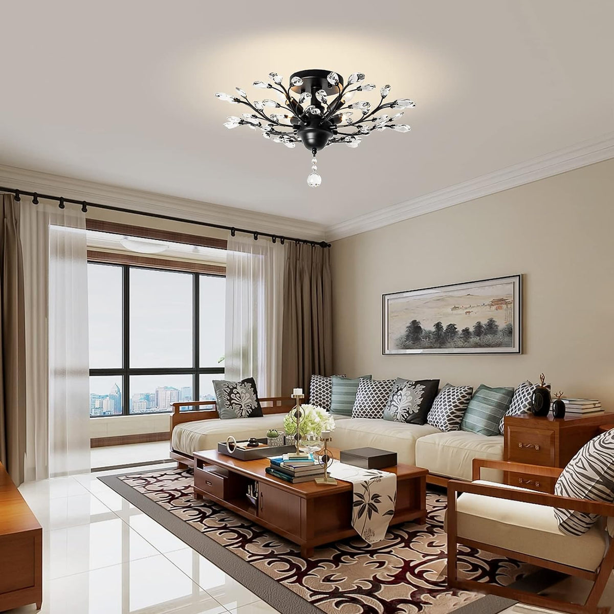 Crystal Chandelier LED Ceiling Light | 4 Lights, Black, Modern Design