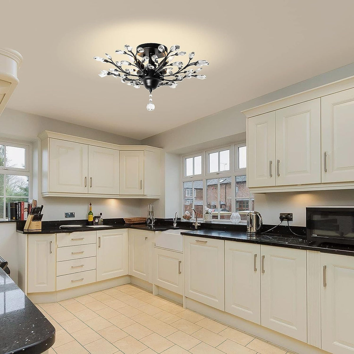 Crystal Chandelier LED Ceiling Light | 4 Lights, Black, Modern Design