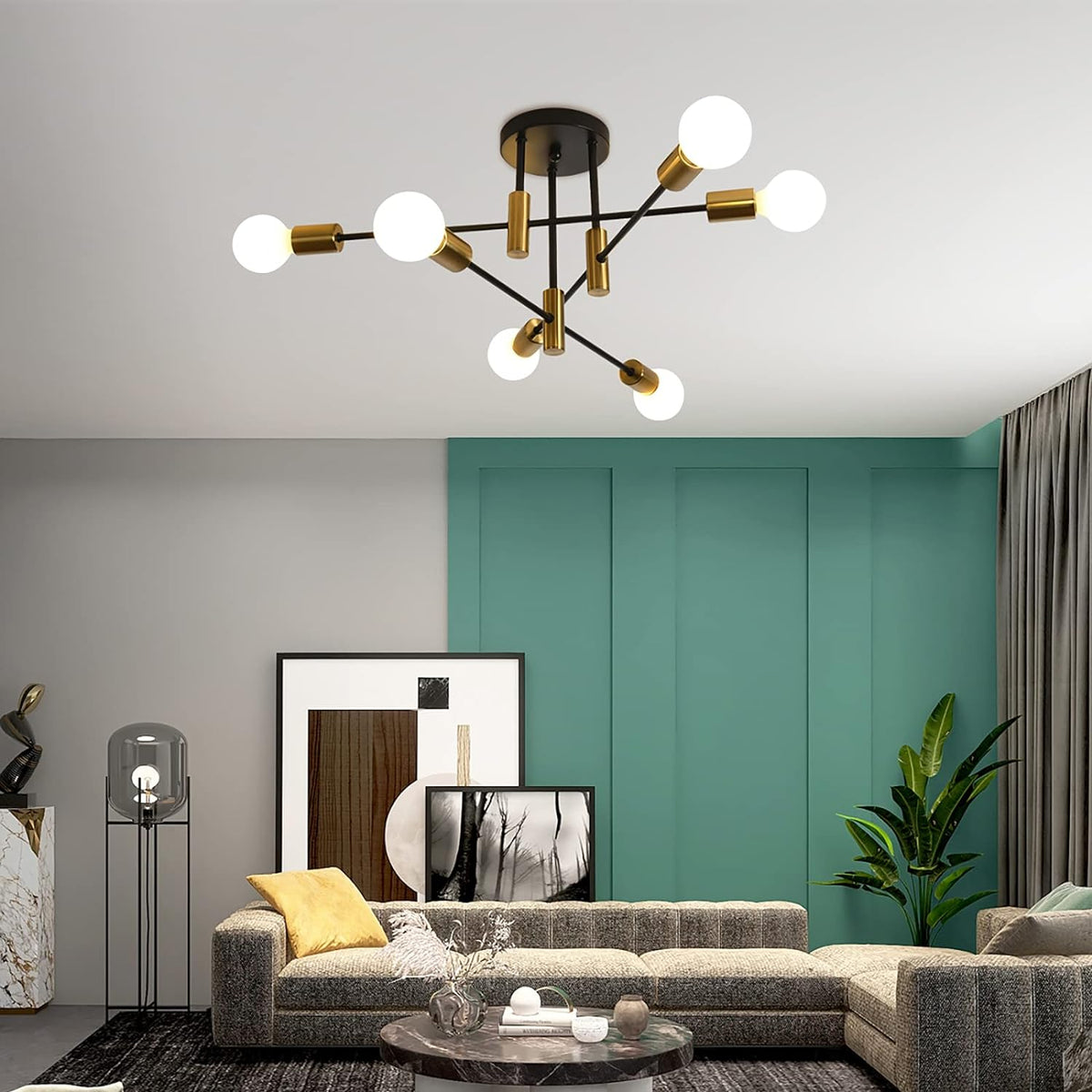 Mid Century Chandelier Modern | 6-Light, Black & Gold, Vintage Look