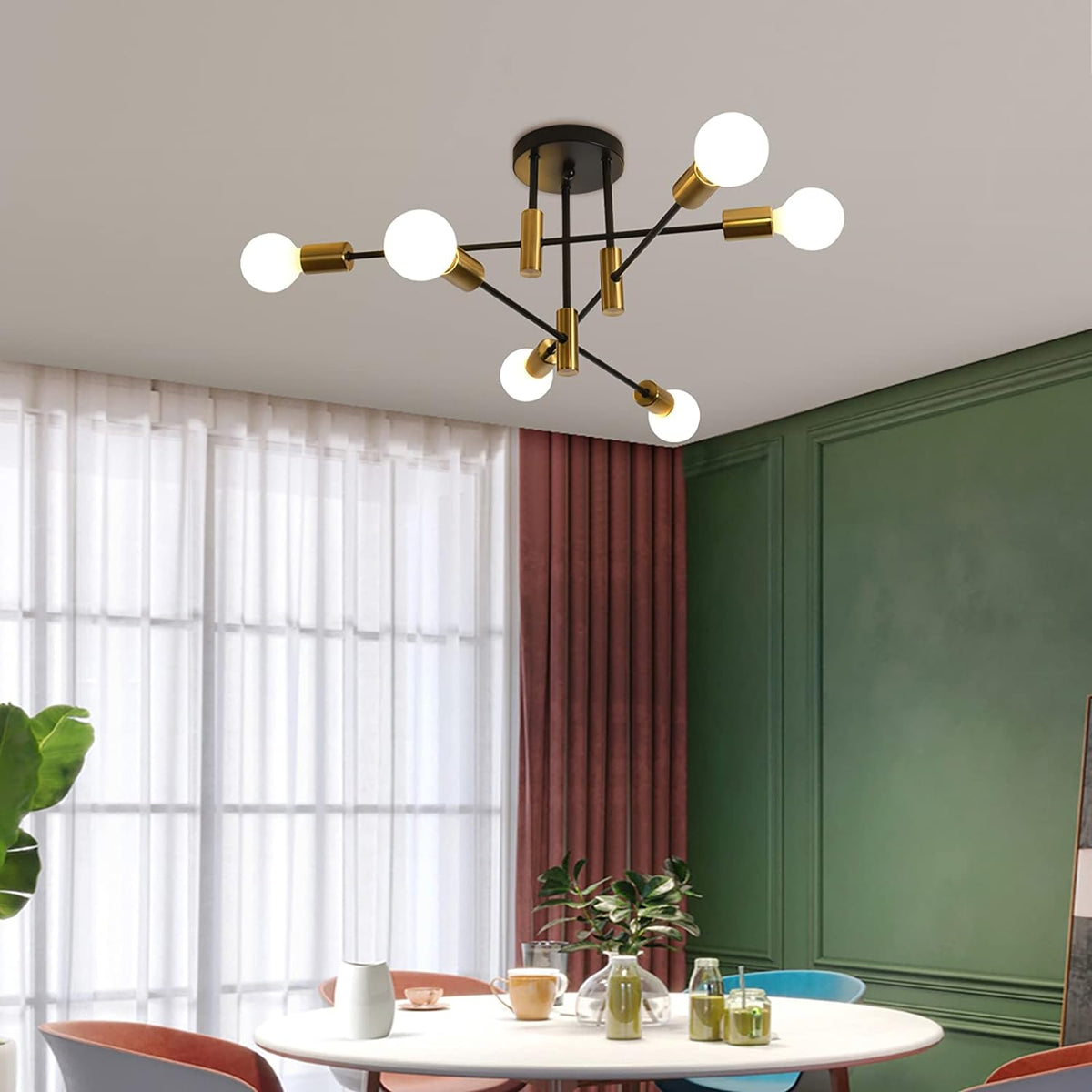 Mid Century Chandelier Modern | 6-Light, Black & Gold, Vintage Look