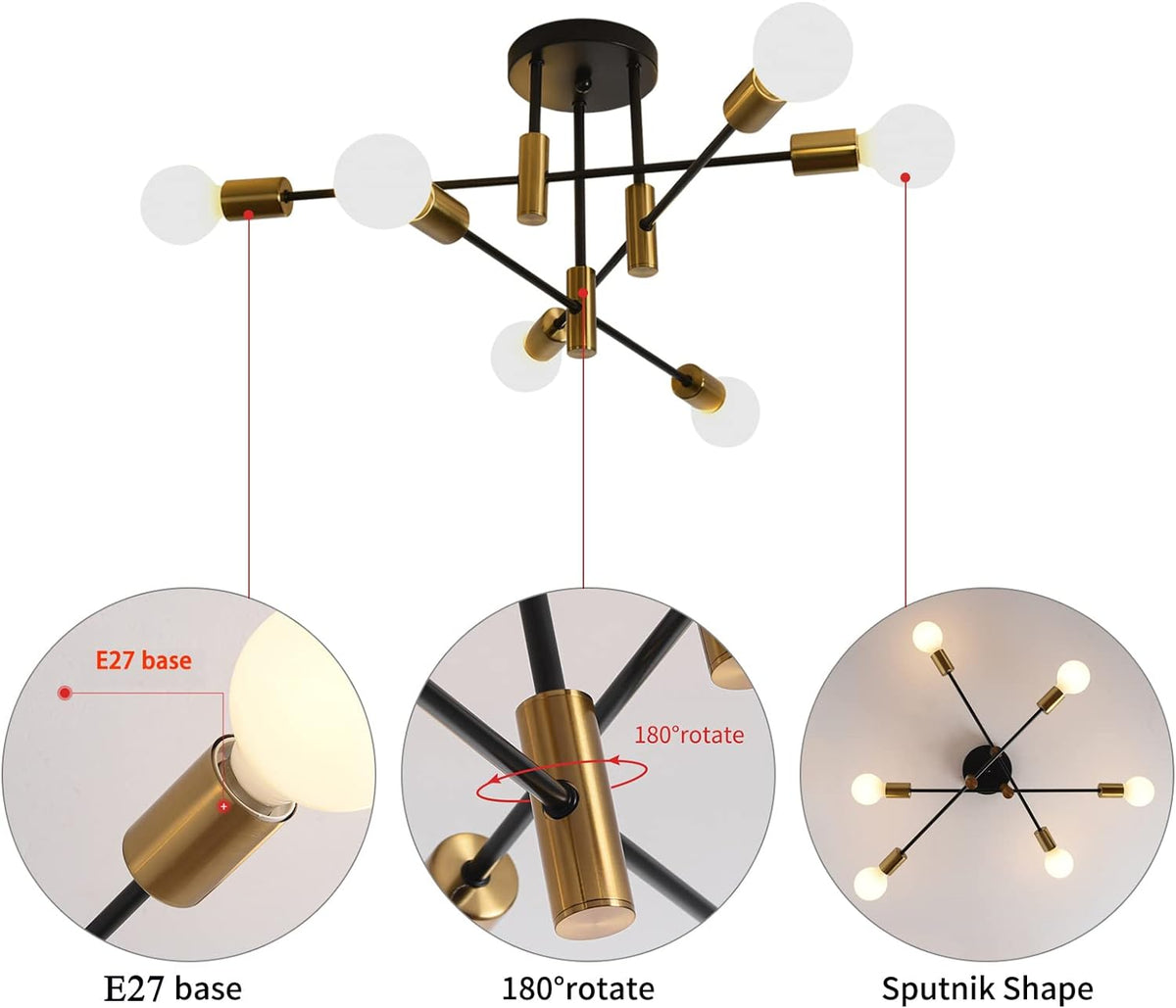 Mid Century Chandelier Modern | 6-Light, Black & Gold, Vintage Look