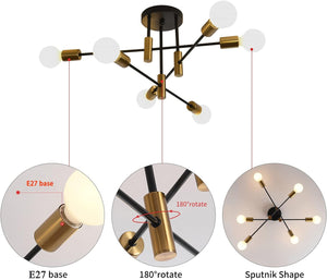 Mid Century Chandelier Modern | 6-Light, Black & Gold, Vintage Look