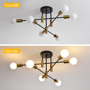 Mid Century Chandelier Modern | 6-Light, Black & Gold, Vintage Look