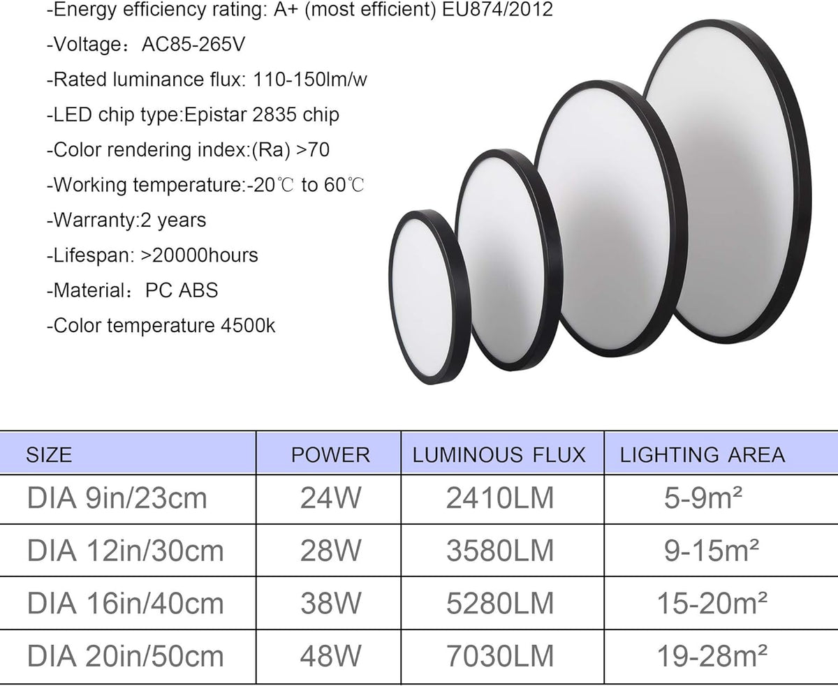 LED Ceiling Light Fixture | Natural Light, 24W 4500K, Black, Energy-Efficient