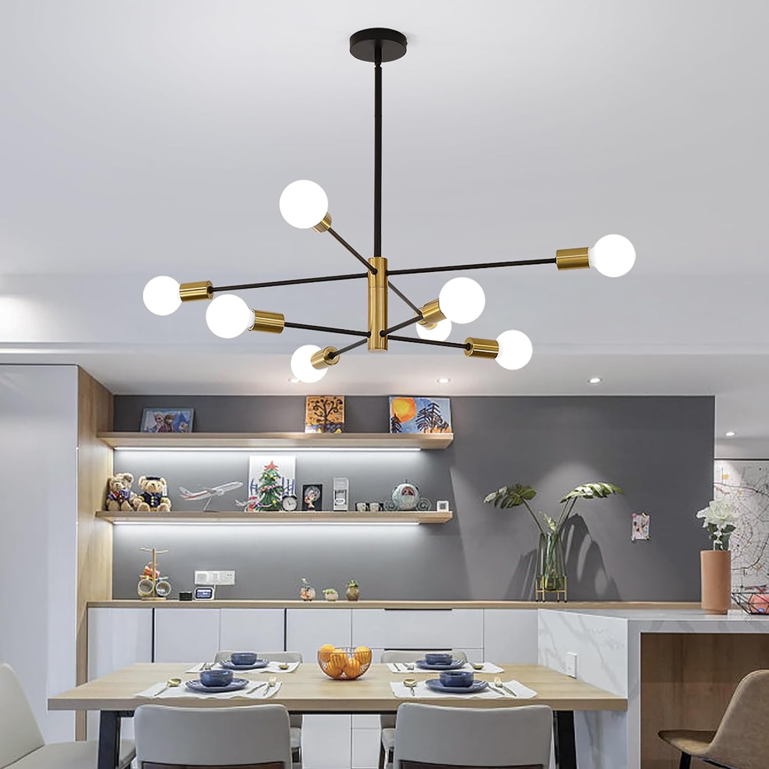 Sputnik Chandelier Modern Industrial | 8-Light, Black & Gold, Retro Style