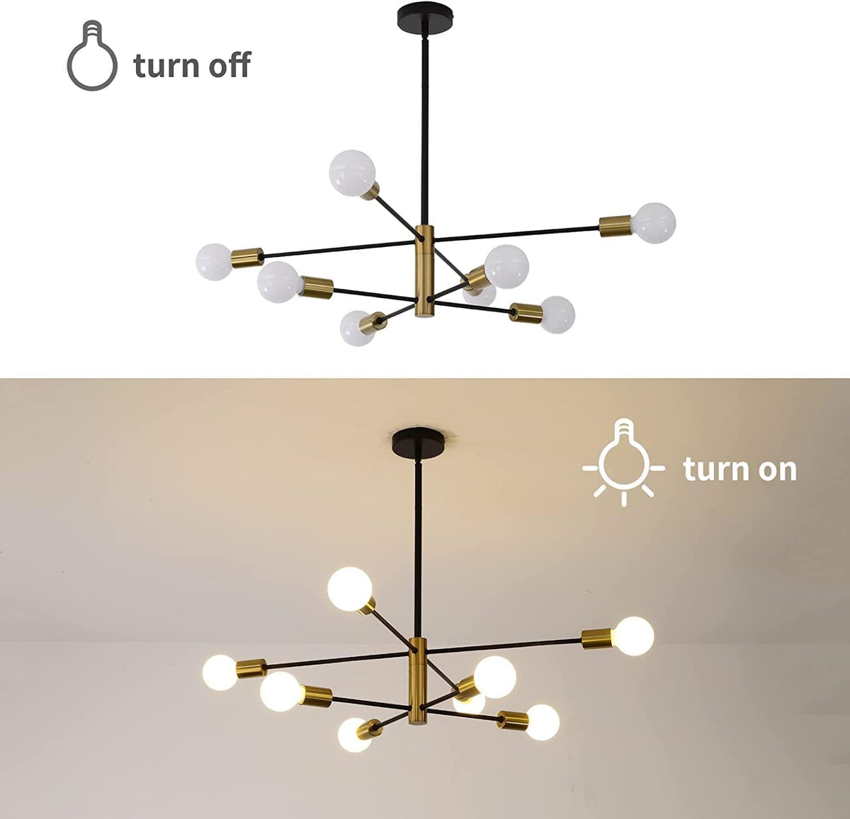 Sputnik Chandelier Modern Industrial | 8-Light, Black & Gold, Retro Style