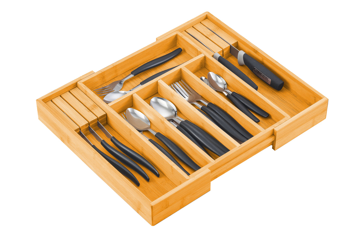 Large Capacity Bamboo Expandable Drawer Organizer | Knife Block Holder | Home Kitchen Utensils