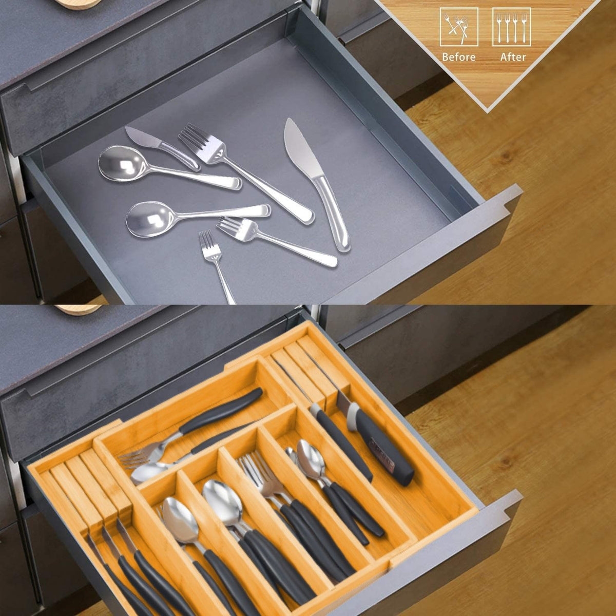 Large Capacity Bamboo Expandable Drawer Organizer | Knife Block Holder | Home Kitchen Utensils