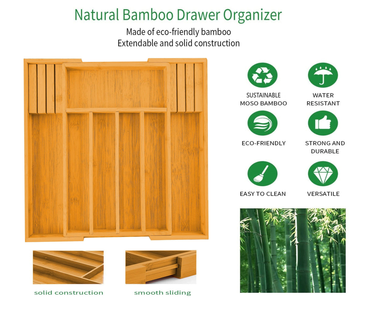 Large Capacity Bamboo Expandable Drawer Organizer | Knife Block Holder | Home Kitchen Utensils
