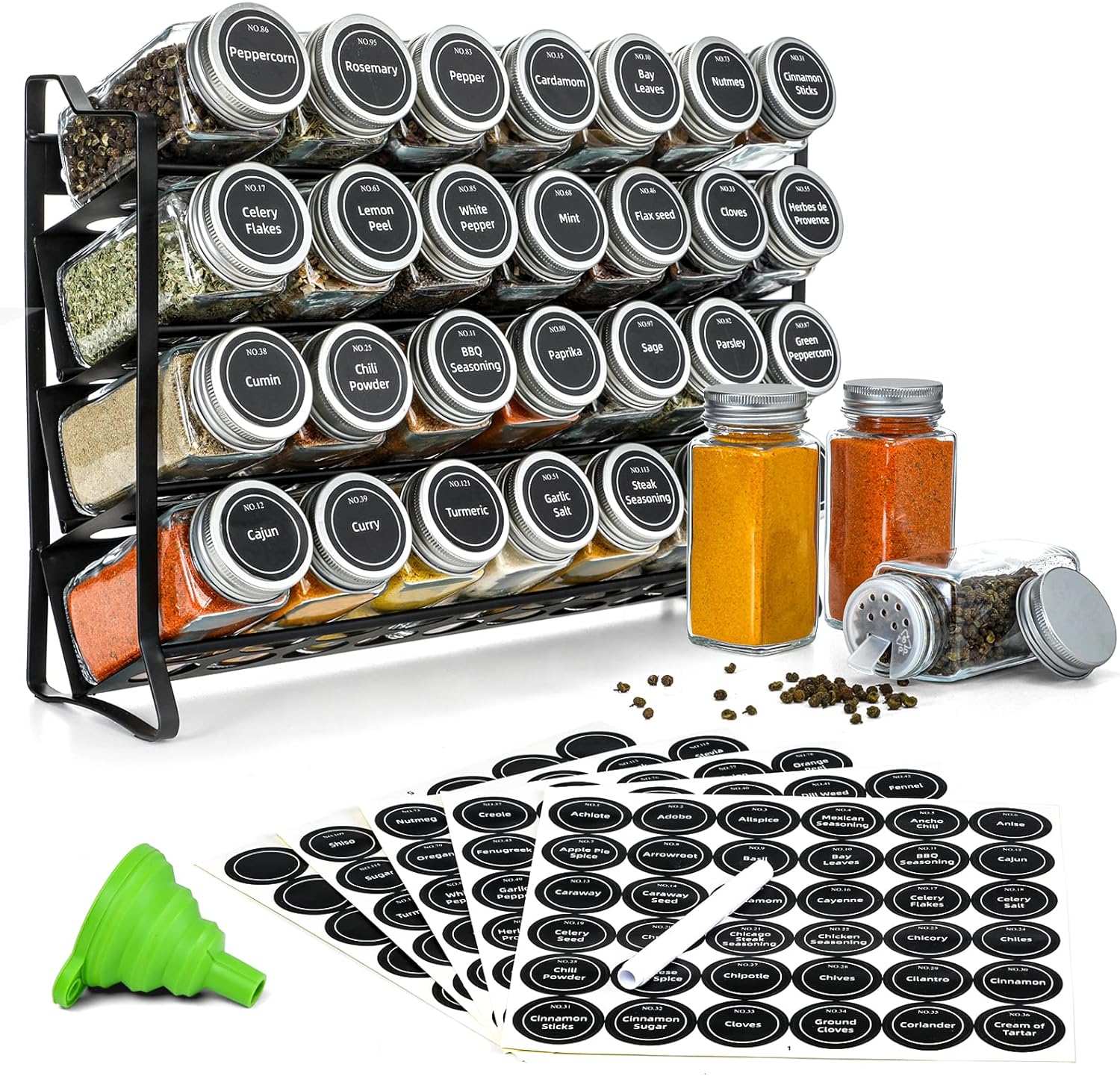 Spice Rack Organizer with 28 Spice Jars | Spice Labels, Funnel & Marker | Kitchen Countertop