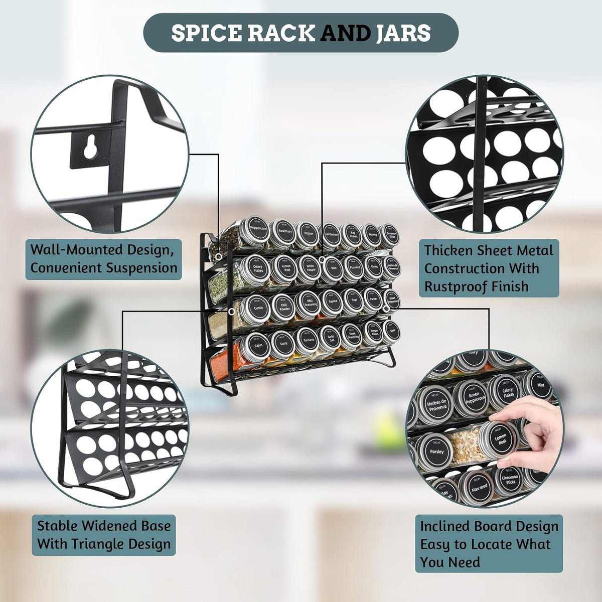 Spice Rack Organizer with 28 Spice Jars | Spice Labels, Funnel & Marker | Kitchen Countertop
